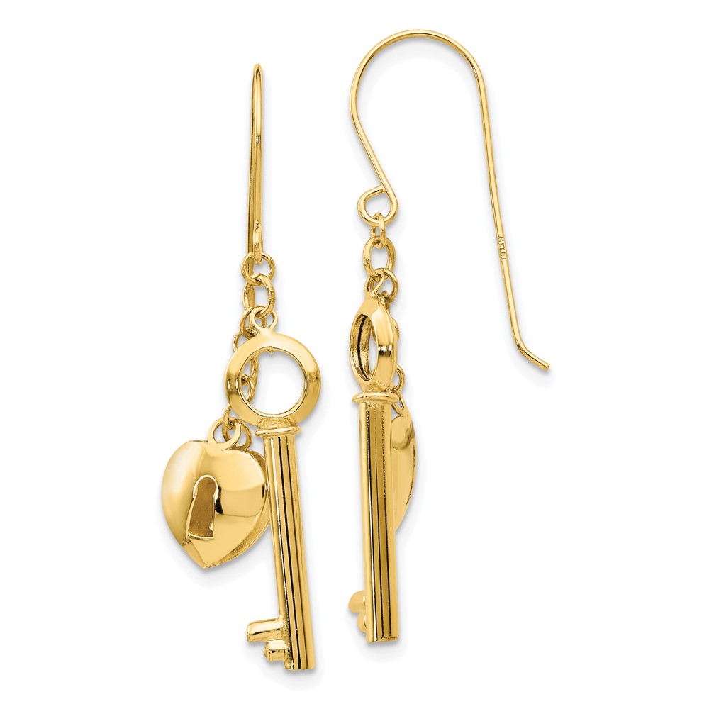 14K Gold Puff Heart Lock and Key Earrings - Image 1