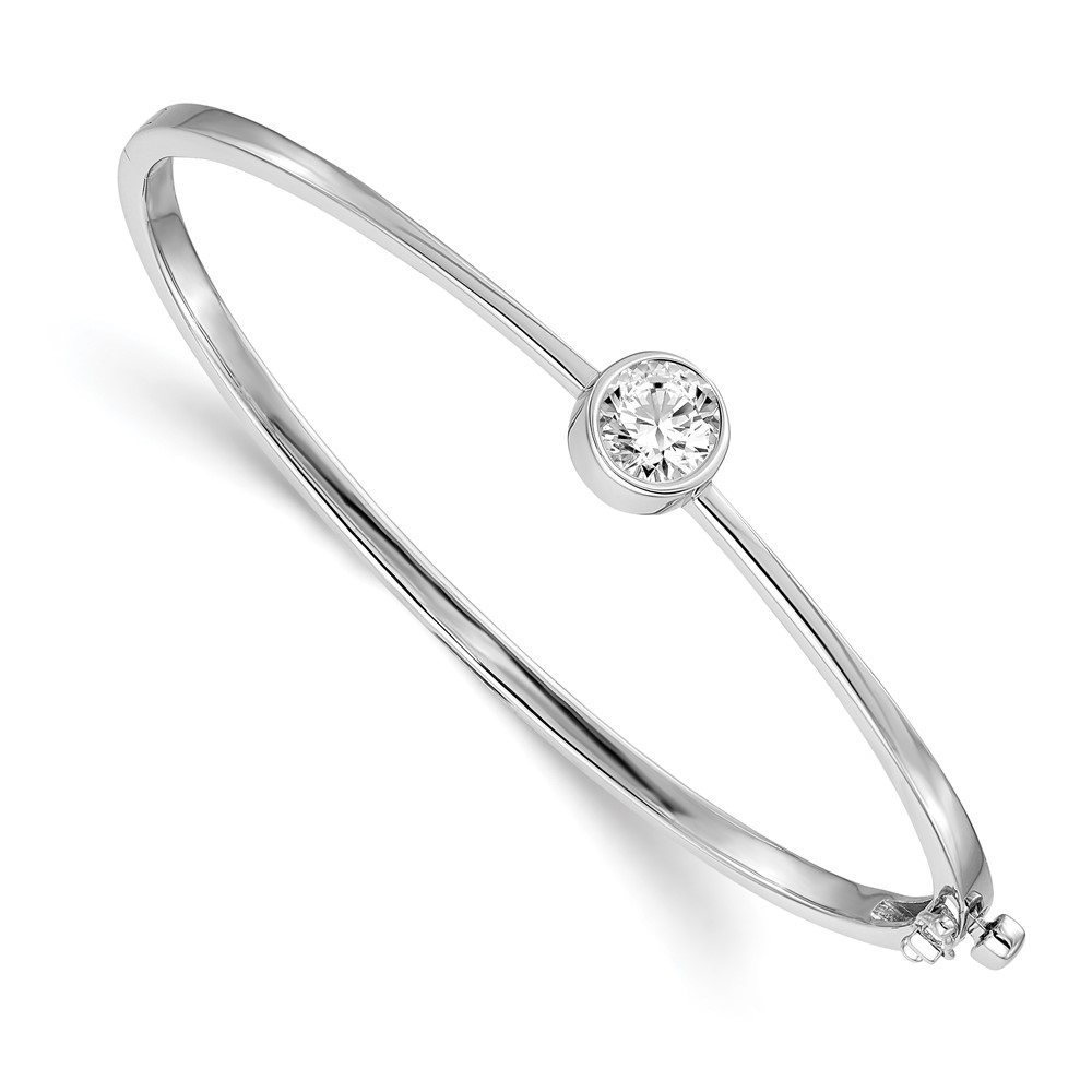 14k White Gold Holds 1 carat 6.5mm Round Stone Hinged Oval Bangle Bracelet Mounting - Image 1