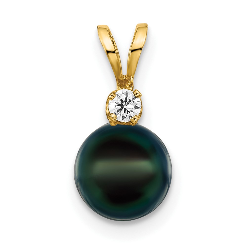 14k 7-8mm Black Round Akoya Saltwater Cultured Pearl and 1/20 Carat Diamond Pendant - Image 1