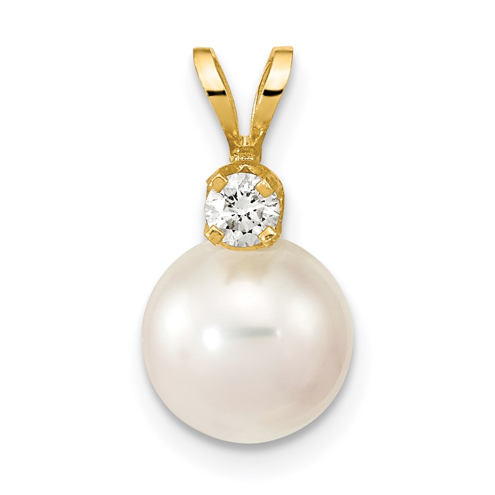 14k 8-9mm White Round Akoya Saltwater Cultured Pearl and 1/10 Carat Diamond Pendant - Image 1