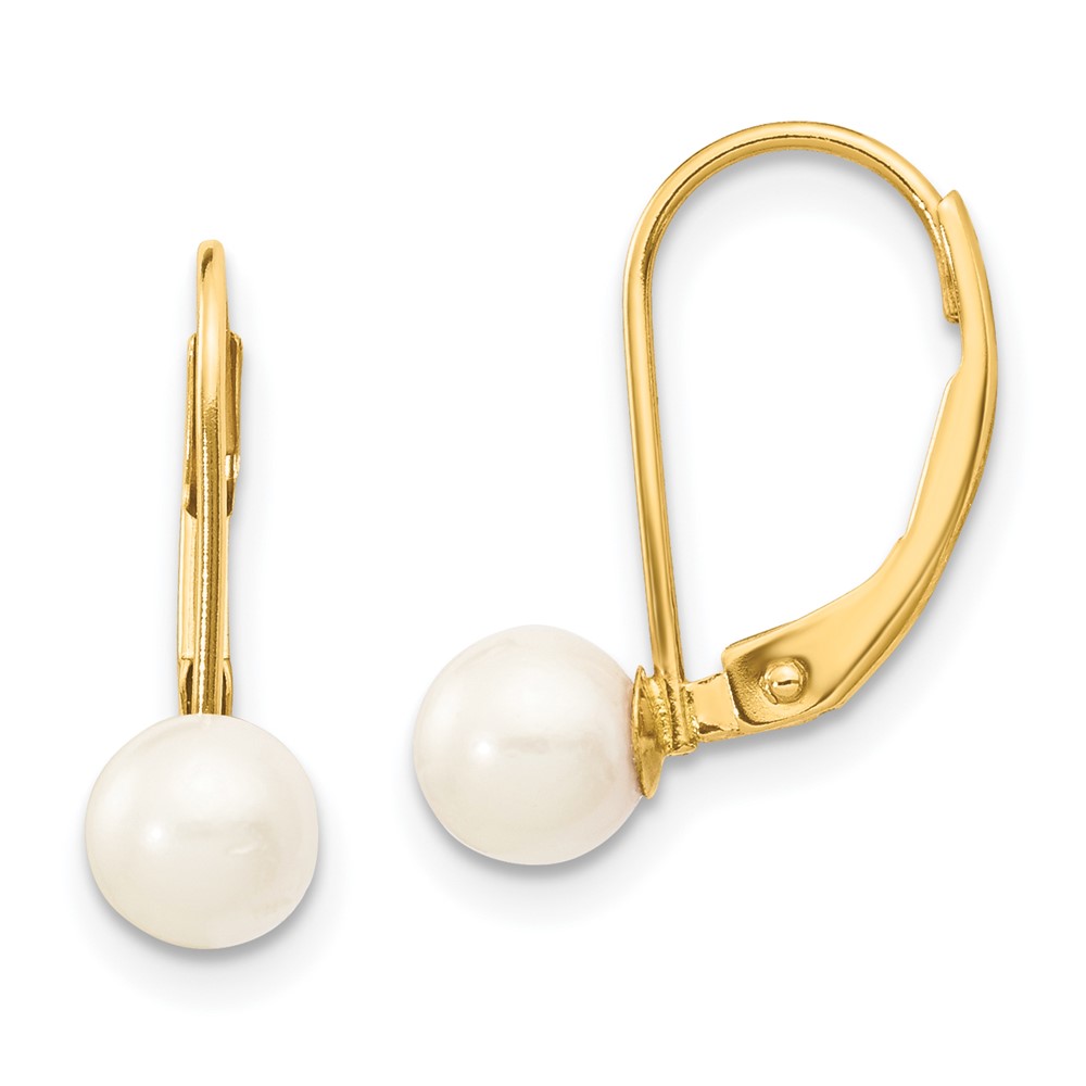 14k 5-6mm White Round Akoya Saltwater Cultured Pearl Leverback Earrings - Image 1