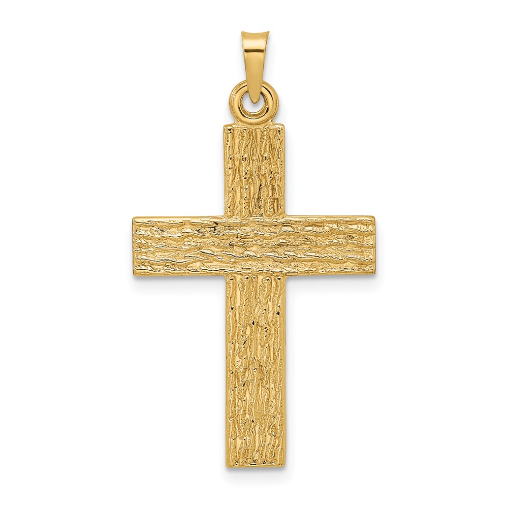 14k Polished Wood Texture Solid Cross Pendant - Image 1