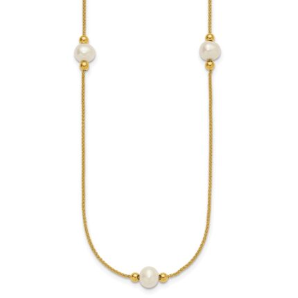10k Polished 8-9mm Semi-Round White Freshwater Cultured Pearl 3-Station 18 inch Necklace