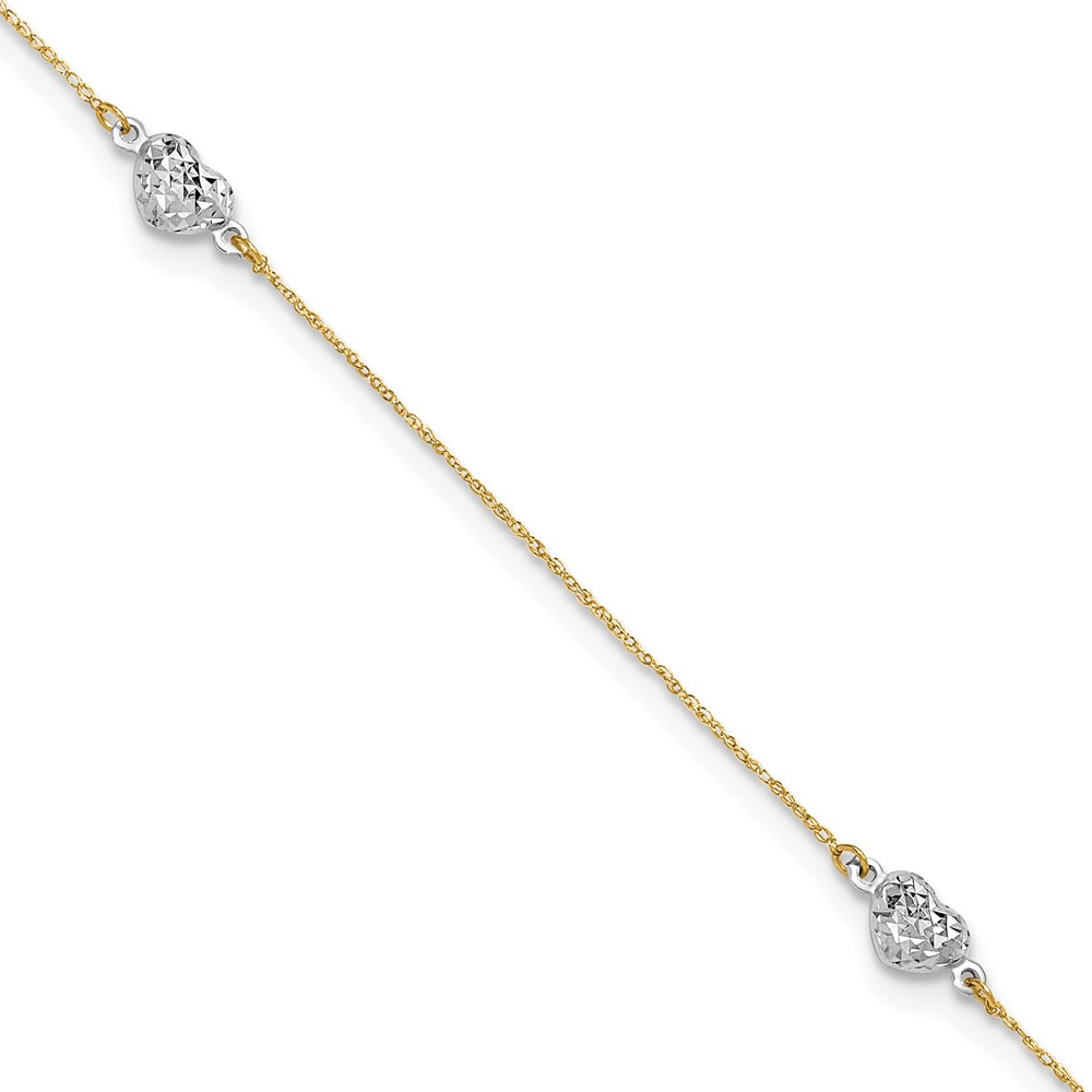 ANK219-10.jpg 14k Two-tone Diamond-cut Triple Puffed Hearts Plus Extender - Total Anklet - Image 1