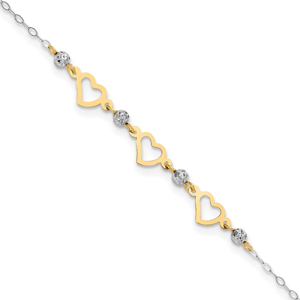 ANK257-9.jpg 14K Two-tone Three Hearts and Diamond-cut Beads Plus Extender - Total Anklet - Image 1