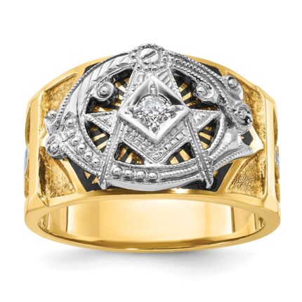 IBGoodman 14k Two-tone Men's Polished and Textured with Blue and Black Enamel Diamond Blue Lodge Master Masonic Ring