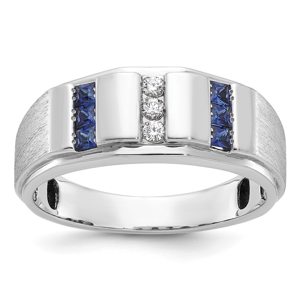 B57994-4WCS_AA-1.jpg IBGoodman 14k White Gold Men's Polished and Satin 3-Row Lab Created Sapphire and 1/10 Carat AA Quality Diamond Ring - Image 1