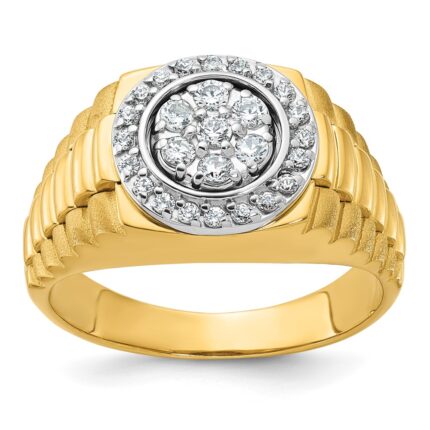 IBGoodman 14k Two-Tone 1/2 carat Lab Grown Diamond VS/SI+ G+ Round Complete Polished Satin and Ribbed Men's Cluster Ring
