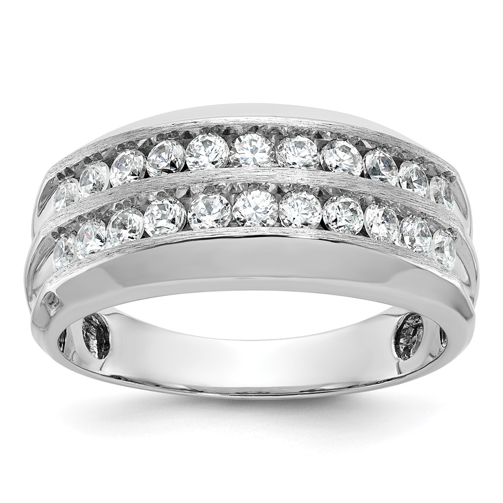 B63863-4WAA-1.jpg IBGoodman 14k White Gold Men's Polished Satin and Grooved 2-Row 1 Carat AA Quality Diamond Ring - Image 1