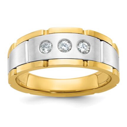 IBGoodman 14k Two-tone Men's Polished Satin and Grooved 3-Stone 1/4 Carat AA Quality Diamond Ring