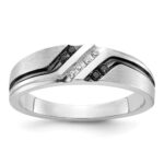 IBGoodman 14k White Gold 1/8 carat Lab Grown Diamond VS/SI+ G+ and 1/8 carat Black Mined Diamonds Complete Polished Satin and Grooved Men's Ring