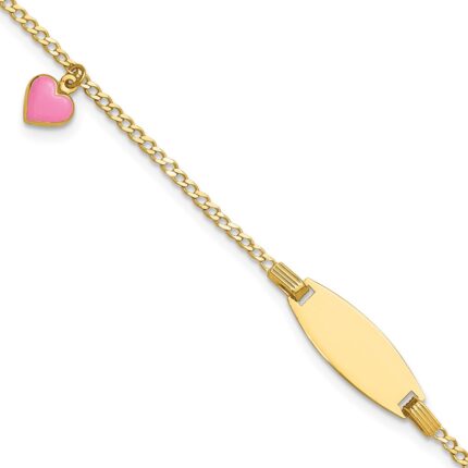 14k Polished Pink Enameled Puffed Heart and 18x5mm Plate 5.5 inch Baby/Child ID Bracelet