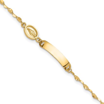 14K Polished Miraculous Medal and 19x4mm Plate 6 inch Baby/Child ID Bracelet