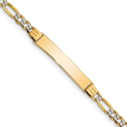 14k with Rhodium Polished Solid Chain/Solid Plate Pav‚ Figaro Link 26x5mm Plate 5.5 inch Baby/Child ID Bracelet