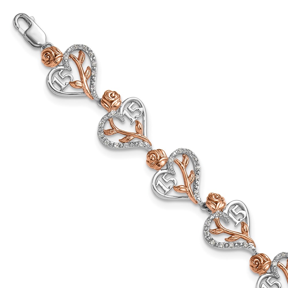 BM10165-034-WRAA.jpg 14K White and Rose Gold Complete 1/3 carat Diamond 15 and Rose Quinceanera Heart 7 inch Bracelet - Image 1