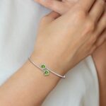 14k White Gold Complete Round Peridot and 1/8 carat Diamond Halo Flexible Bangle Bracelet - Image 3