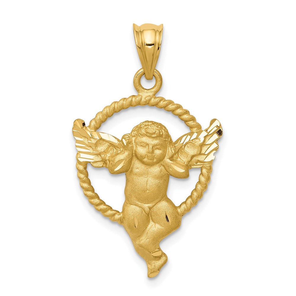 C27.jpg 14k Satin Diamond-cut Angel in Circle Pendant - Image 1