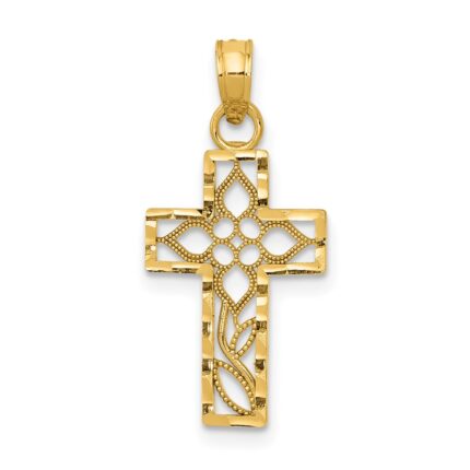 14K Cut-out Flower In Diamond-cut Cross Charm