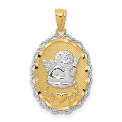 14k and White Rhodium Angel Scalloped Edge Oval Pendant