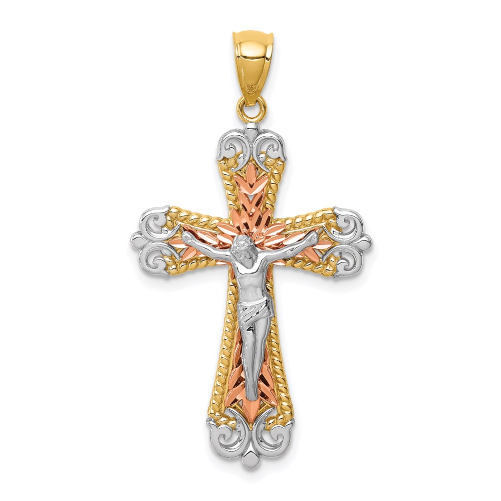 C4706.jpg 14K Tri-Color and White Rhodium Diamond-cut Crucifix Pendant - Image 1