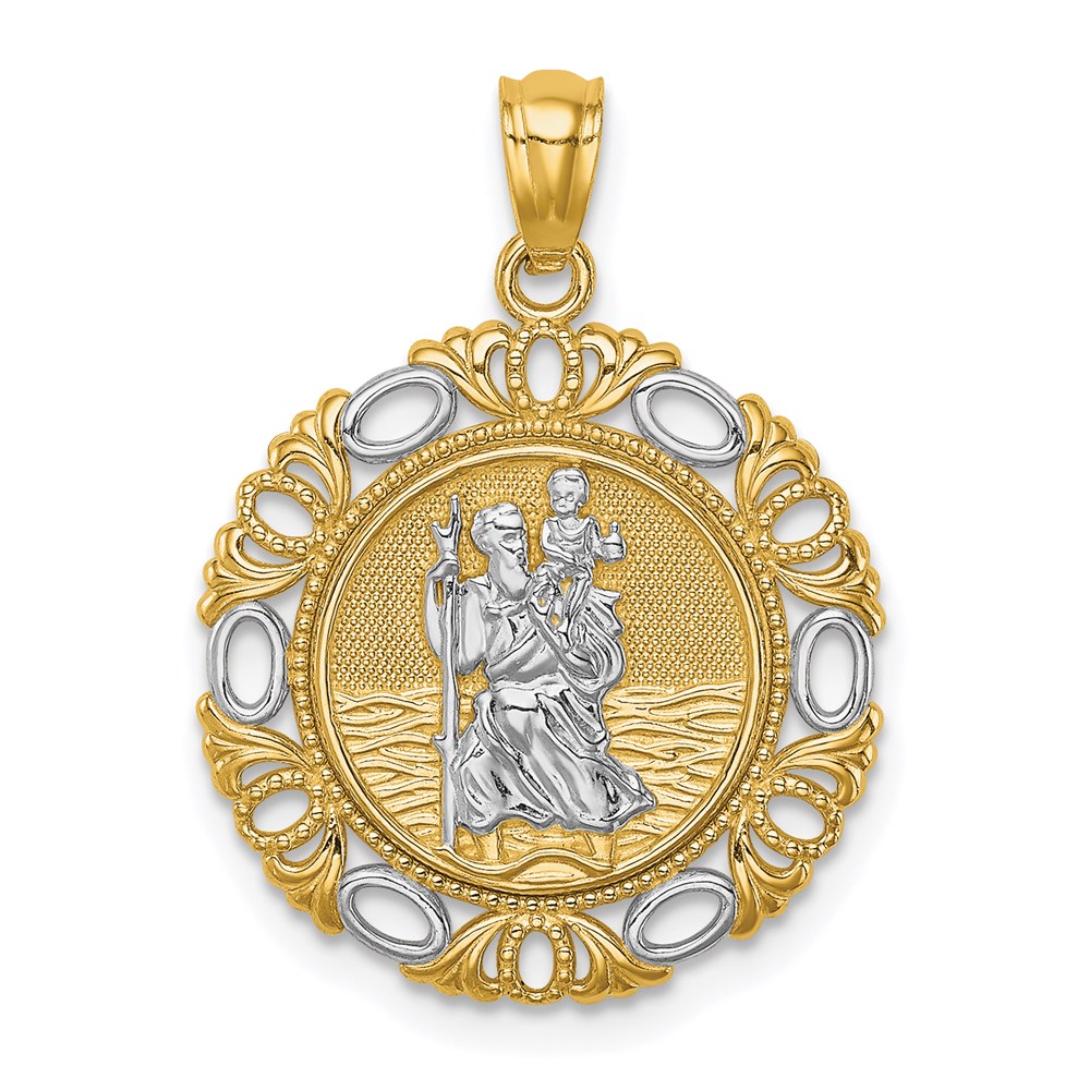 C4714.jpg 14K and White Rhodium Solid St. Christopher Medal Fancy Edge Round Pendant - Image 1