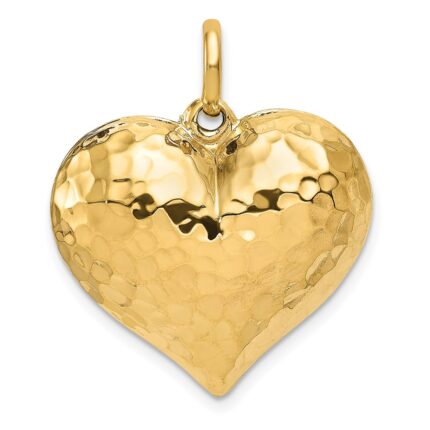 14K Polished and Hammered 3-D Puffed Heart Pendant