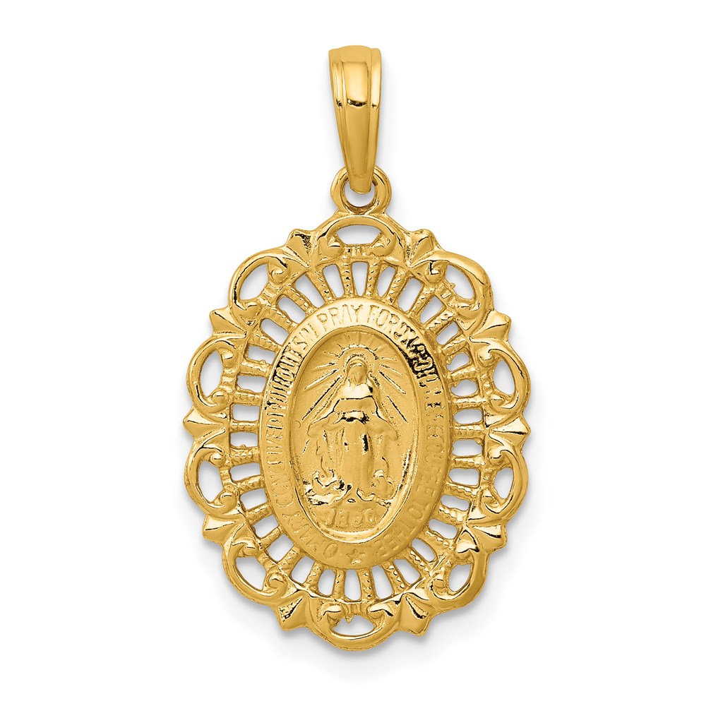 D3705.jpg 14k Polished and Satin Solid Miraculous Medal Scalloped Edge Oval Pendant - Image 1