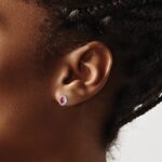 14k White Gold 5x3mm Oval Ruby Cabochon and Diamond Halo Post Earrings - Image 3