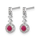 14k White Gold 3mm Round Ruby Cabochon and Diamond Halo Dangle Post Earrings - Image 2