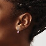 14k White Gold 3mm Round Ruby Cabochon and Diamond Halo Dangle Post Earrings - Image 3