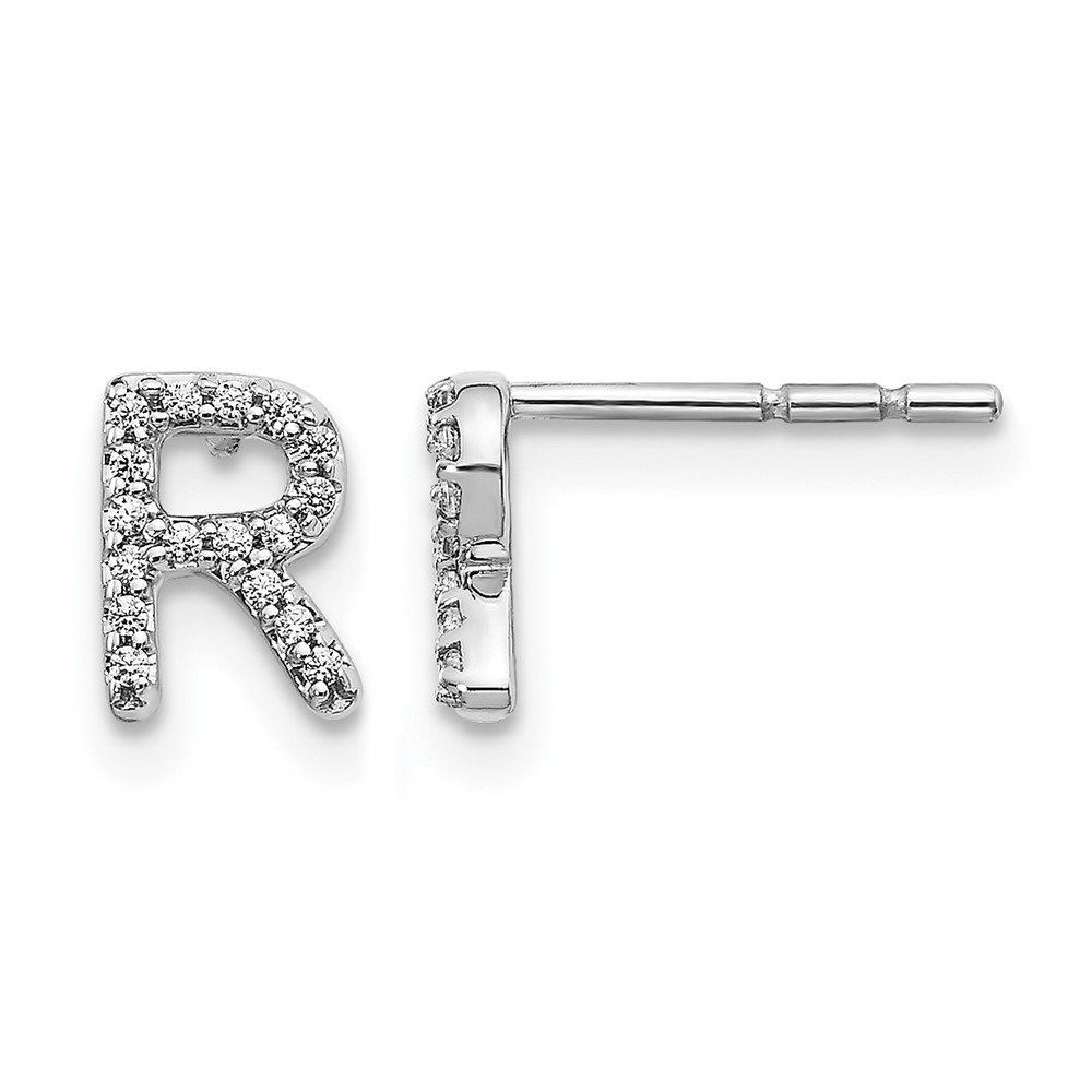 EM4169R-010-WA.jpg 14k White Gold Diamond Initial R Post Earrings - Image 1