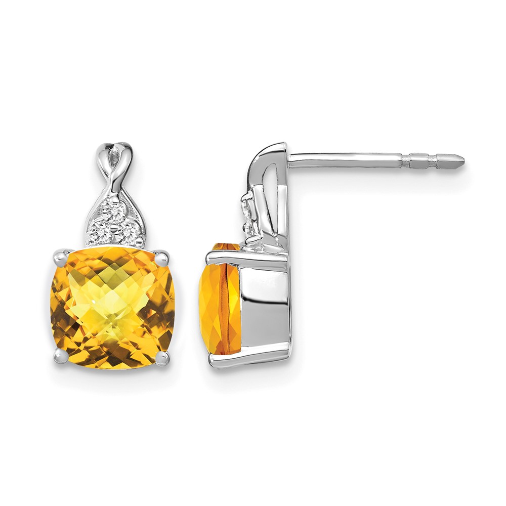 EM4393-CI-006-WA.jpg 14k White Gold 7mm Cushion Checkerboard November/Citrine and Diamond Post Earrings - Image 1