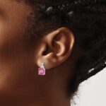 14k White Gold 7mm Cushion Checkerboard October/Lab Created Pink Sapphire and Diamond Post Earrings - Image 3