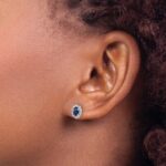 14k White Gold 5x3mm Oval Sapphire and Diamond Halo Post Earrings - Image 3