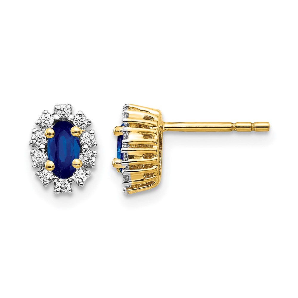 EM5591-SA-020-YA.jpg 14k 5x3mm Oval Sapphire and Diamond Halo Post Earrings - Image 1