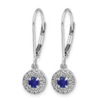 14k White Gold Diamond Halo and Sapphire Leverback Dangle Earrings - Image 2