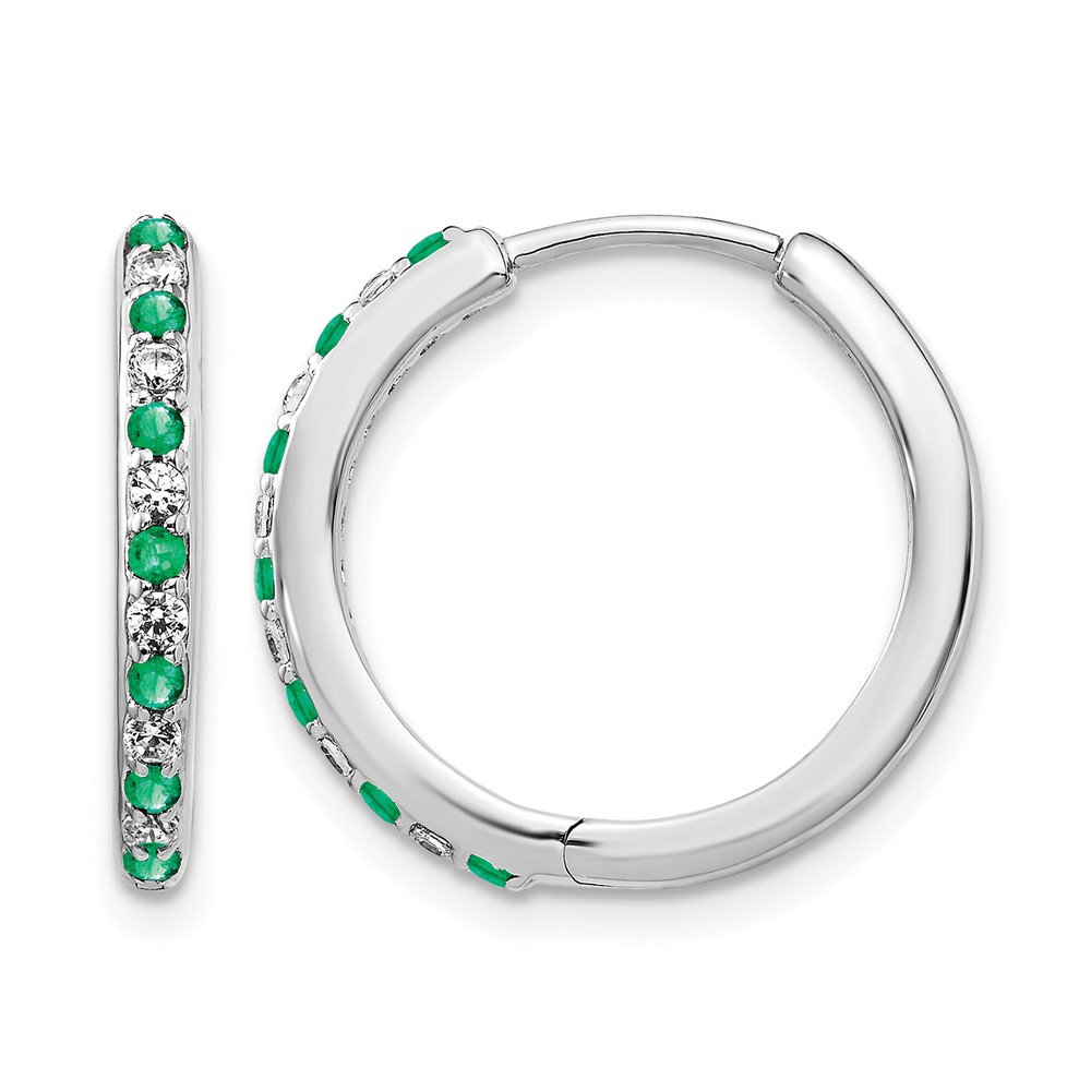 EM5607-EM-020-WA.jpg 14k White Gold Diamond and Emerald 19mm Hinged Hoop Earrings - Image 1