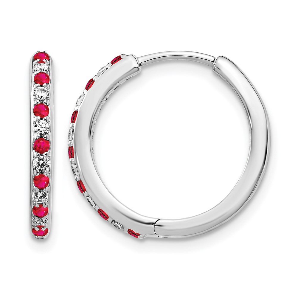 EM5607-RU-020-WA-1.jpg 14k White Gold 1/5 carat Lab Grown Diamond VS/SI+ G+ and Created Ruby Complete Hinged Hoop Earrings - Image 1