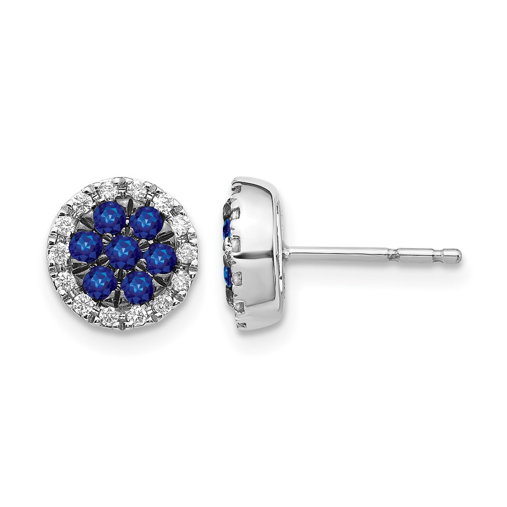 EM5612-SA-050-WA.jpg 14k White Gold Sapphire Cluster and Diamond Halo Round Post Earrings - Image 1