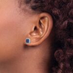 14k White Gold Sapphire Cluster and Diamond Halo Square Post Earrings - Image 3