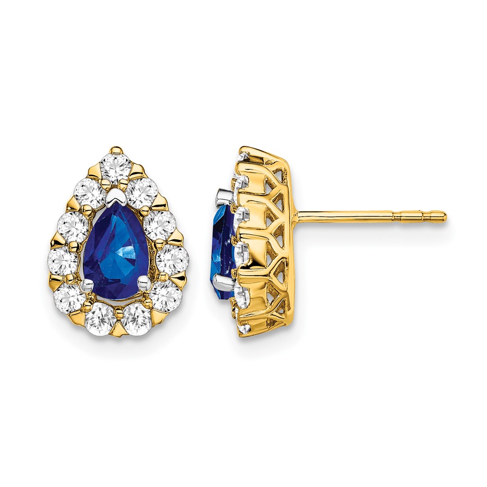 EM6991-SA-077-YA.jpg 14k 6x4mm Pear Sapphire and 3/4 carat Diamond Halo Post Earrings - Image 1