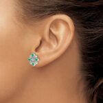 14k White Gold Emerald and Diamond Floral Post Earrings - Image 3