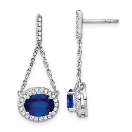14k White Gold 8x6mm Oval Lab Created Sapphire and Diamond Chain Dangle Post Earrings