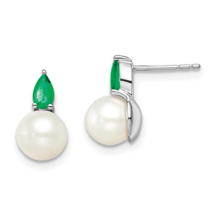 14k White Gold 6-7mm White Round Freshwater Cultured Pearl and .60EM Pear Emerald Post Earrings