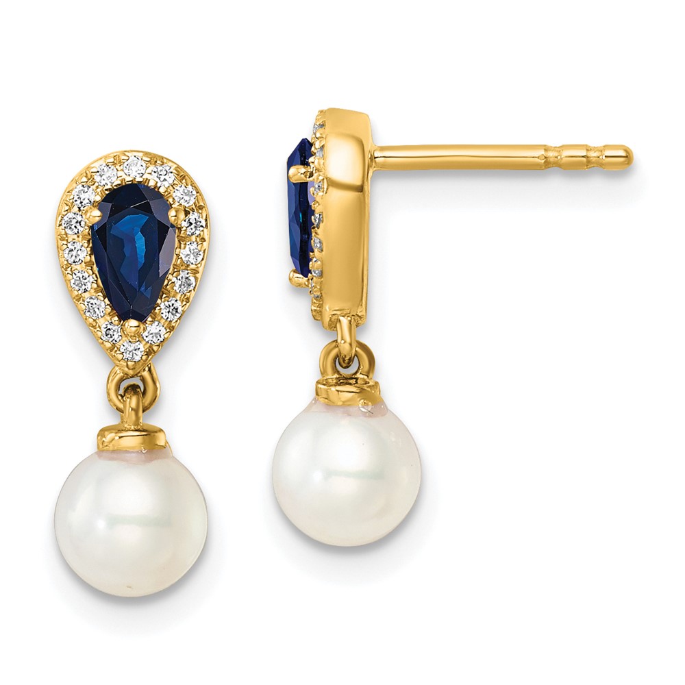 EM9982-SA-010-YAA.jpg 14K White Round Freshwater Cultured Pearl/.09 carat Diamond/Pear Sapphire Dangle Post Earrings - Image 1