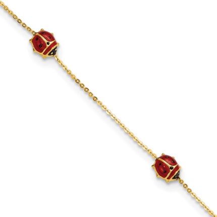14k Polished Red and Black Enameled Ladybugs 6.5 inch Childrens Bracelet Plus 0.75 inch Extender