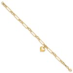 14K Polished Puffed Heart Charm Dangle Figaro Link 7.5 inch Bracelet - Image 2