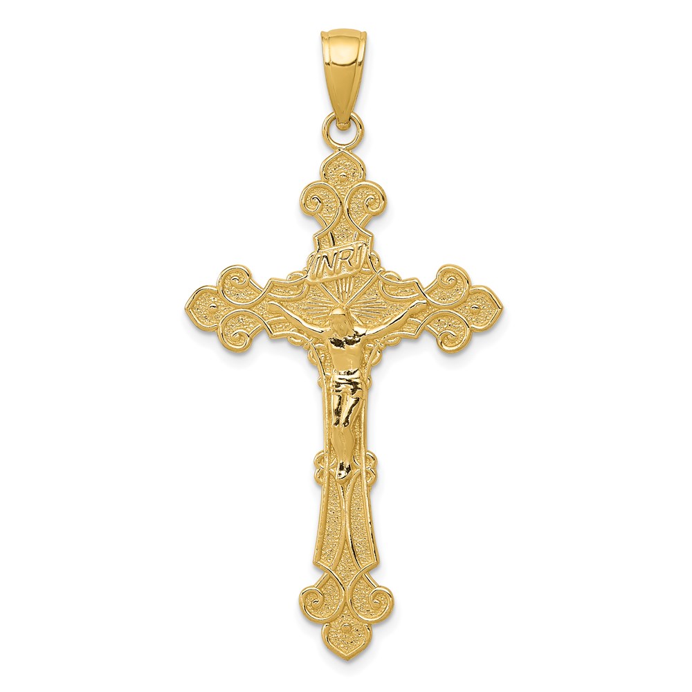 K5571.jpg 14K Polished Textured INRI Crucifix Fleur de Lis Pendant - Image 1