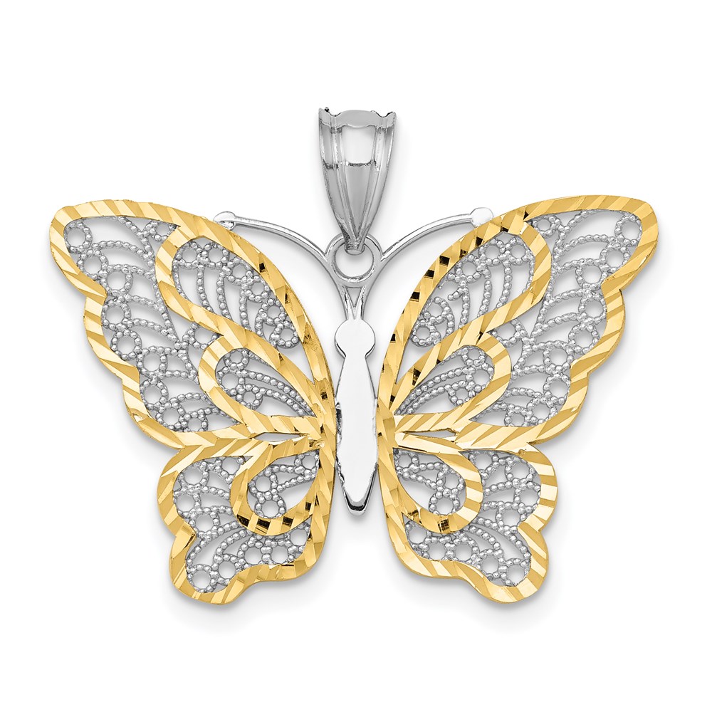 K5987.jpg 14k White Gold with Yellow Rhodium Polished Filigree Butterfly Pendant - Image 1