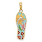 14K and White Rhodium Multi-Colored 3-D Enameled Fuchsia Flowers On Flip-Flop Charm